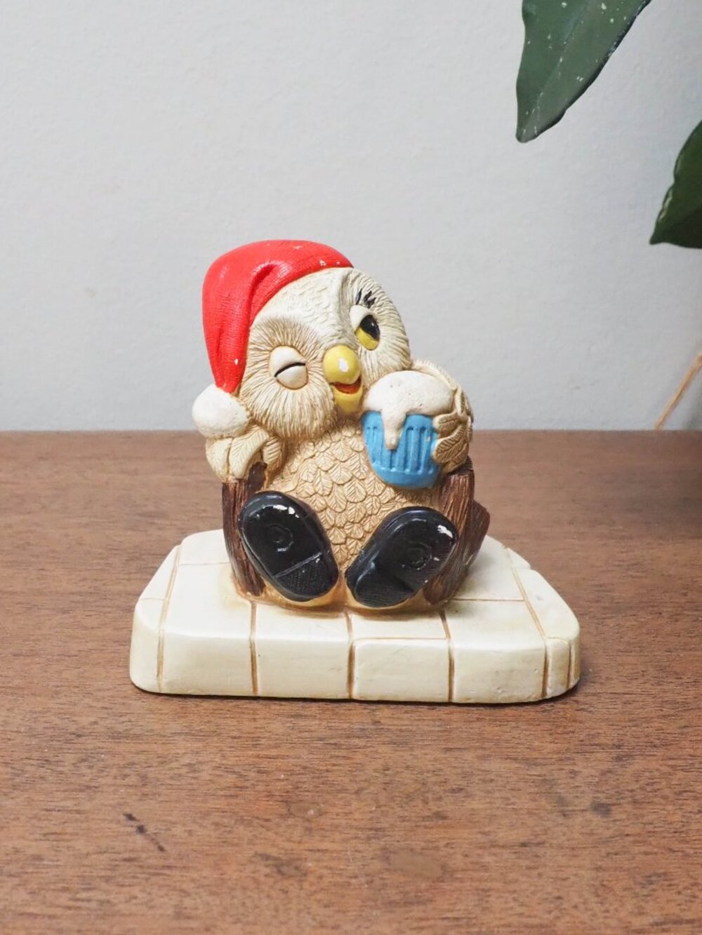 Vtg Ceramic Pepiware Christmas Owl Figurine - Vintage Beer Santa Owl Figurine